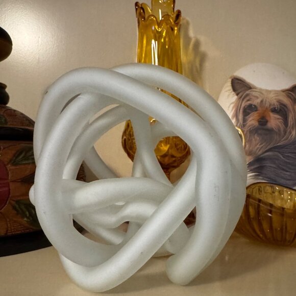 White Glass Knot Ball Sculpture Art Glass Twisted Abstract Handmade Paperweight - Picture 1 of 8